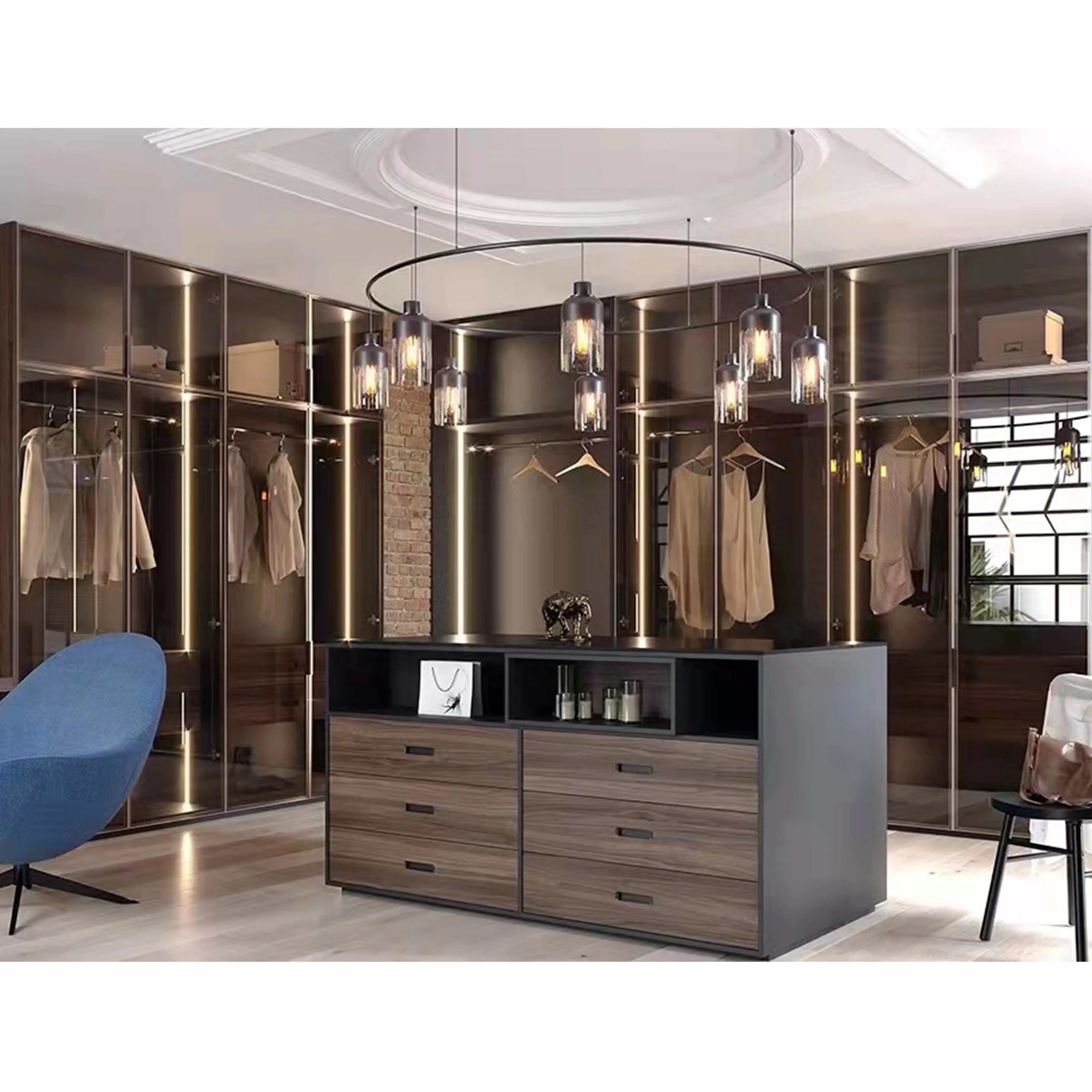 Custom design villa furniture walk-in closet modern luxury transparent glass door wooden bedroom wardrobe