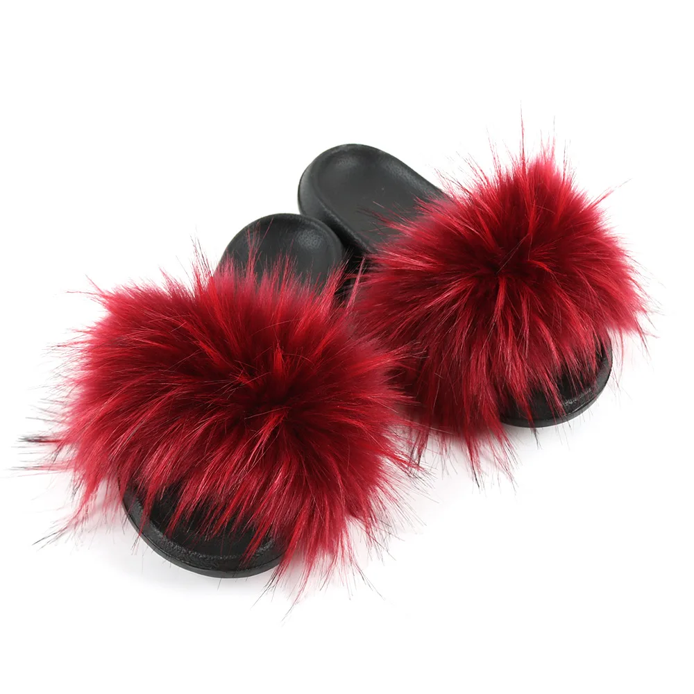 Hellosports Womens Fashion Raccoon Fur Soft Sandals Wholesale Women Slippers Natural Color Fur Slides