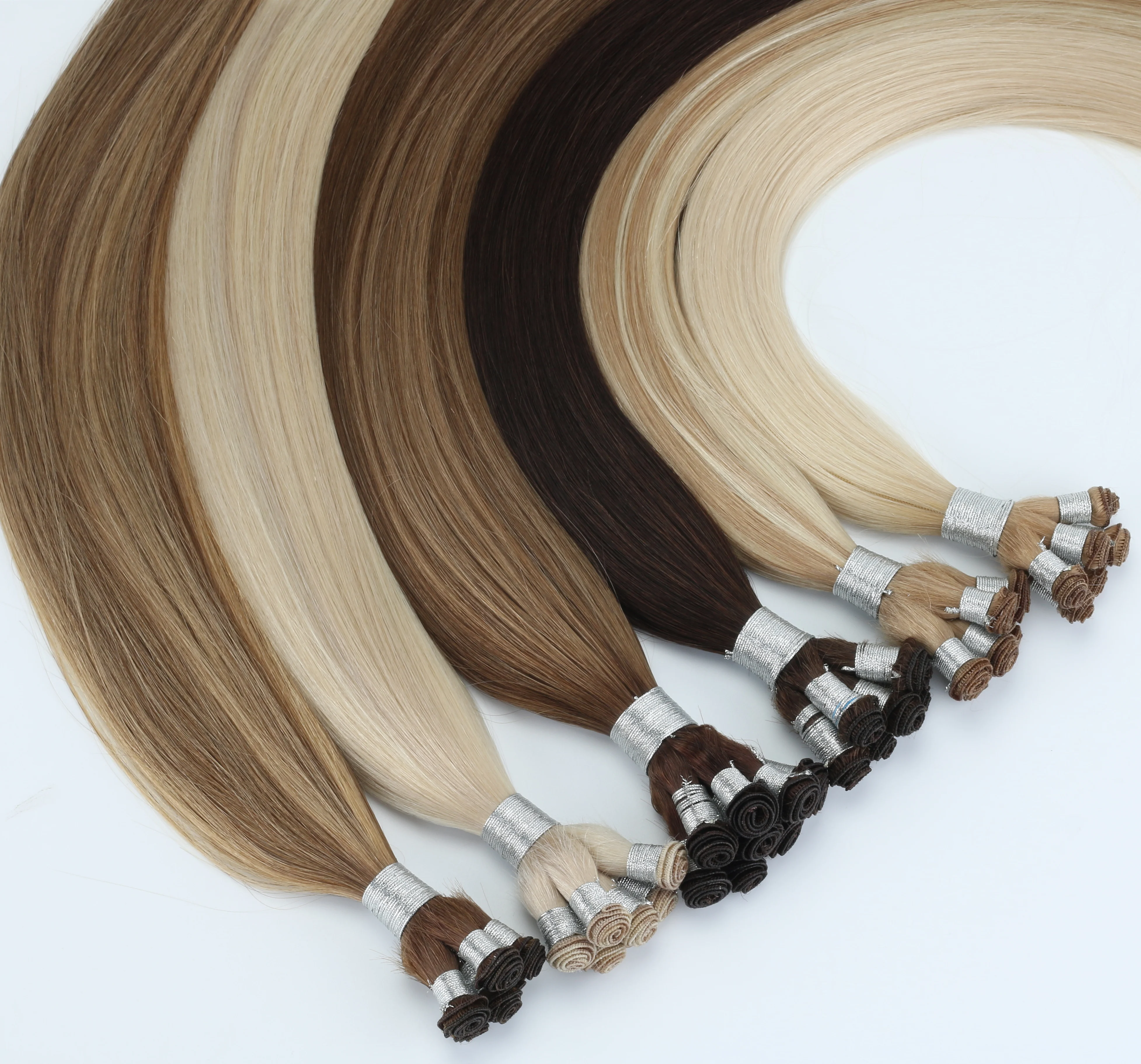 Soft Thin Invisible Russian Thick End Double Drawn Hand Tied Wefts Hair Extensions, Handtied Weft European