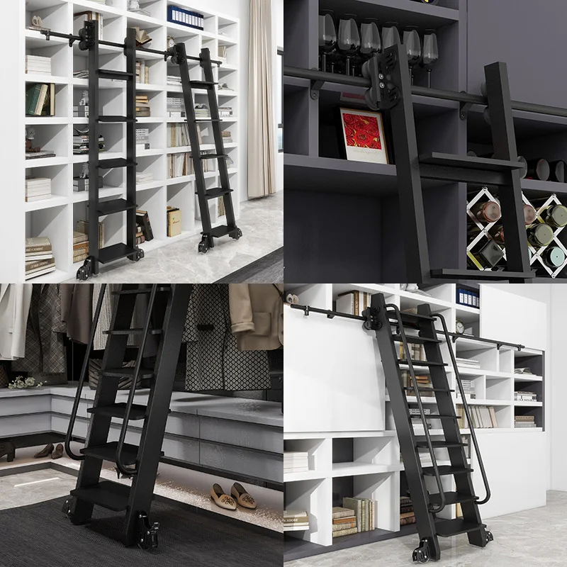 DIY Simple Rolling Library Ladder Hardware Kit Stable Mobile Track Sliding Lockable Wheel escalator accessories Carbon Steel