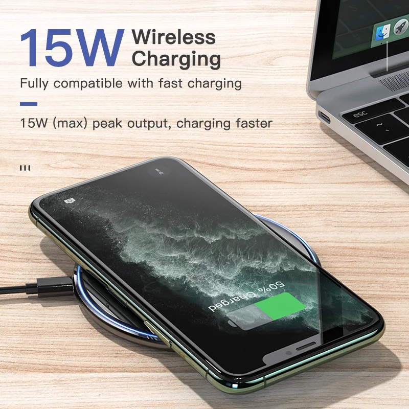 KUULAA Portable Type C Mirror Effect Cell 15W Fast Charging Smart Mobile Cellular Usb C Wireless Charger For iPhone 12
