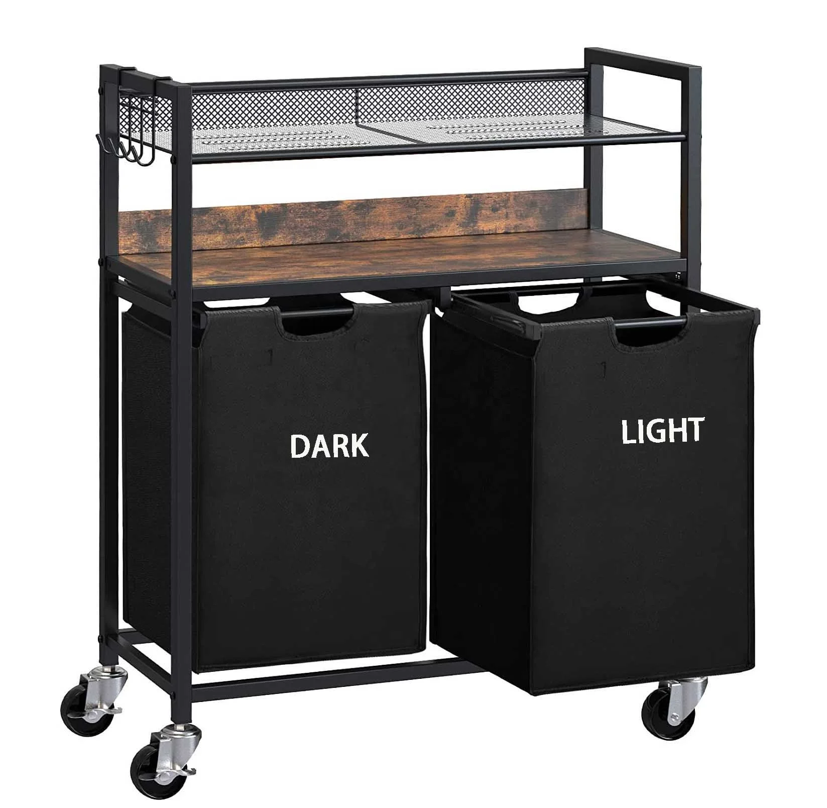 Metal Frame 2 Removable Laundry Bags Large Pull-Out Laundry Sorter with Slide Rails and Shelf