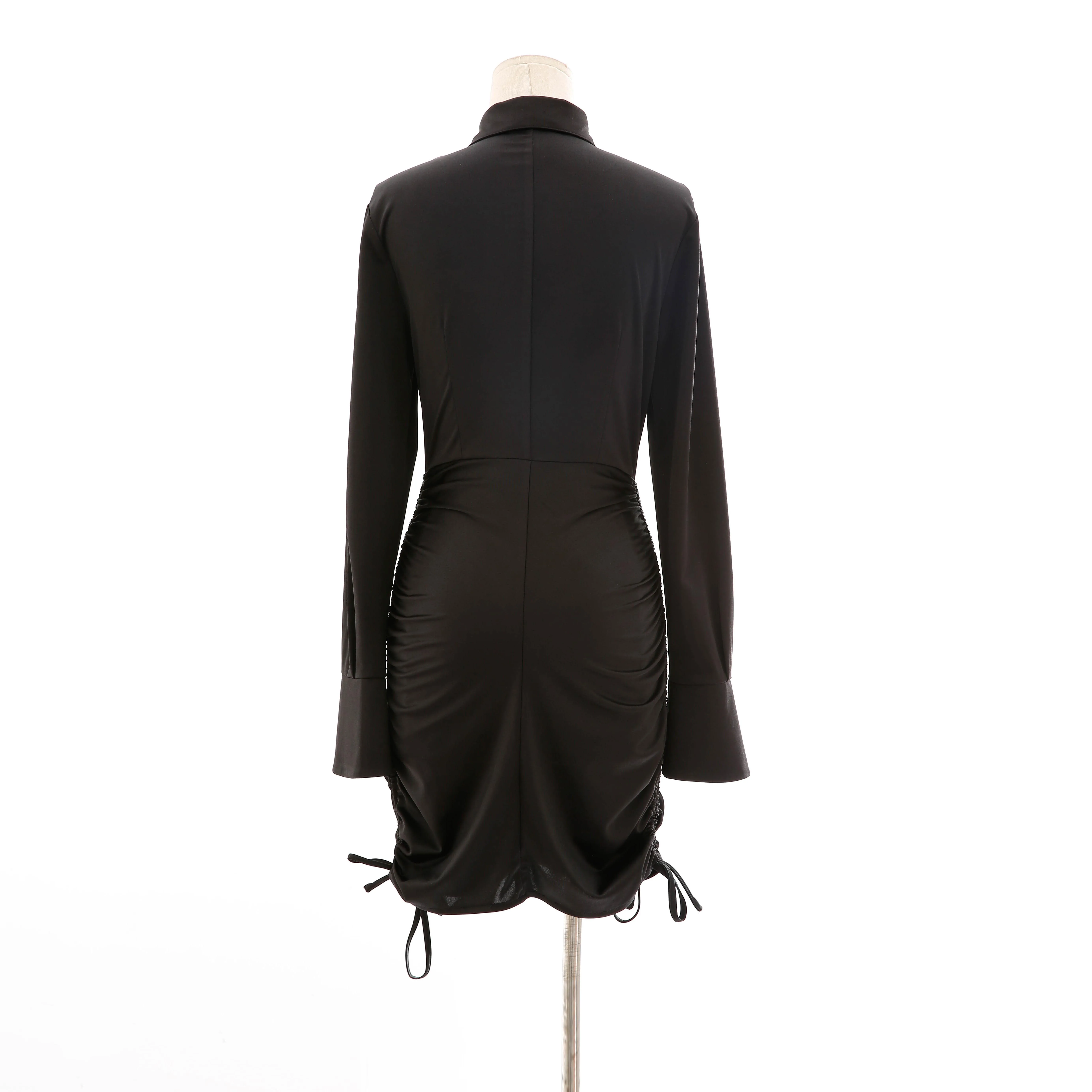 Turn-down Collar black long sleeve slim short dress women summer bodycon dress