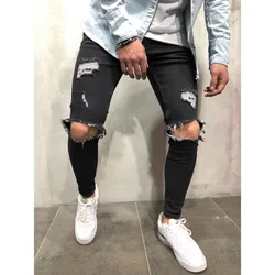 large size fashion men ripped jeans denim trousers destroyed hole pants stretch slim elastic soild color jeans