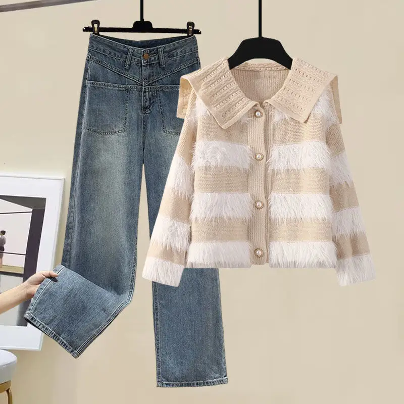 Fashion lady doll collar long sleeve stripe mohair sweater coat
