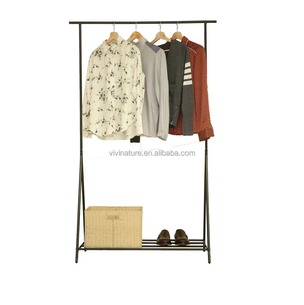 Single rod garment cloth drying rack with shoes storage shelf