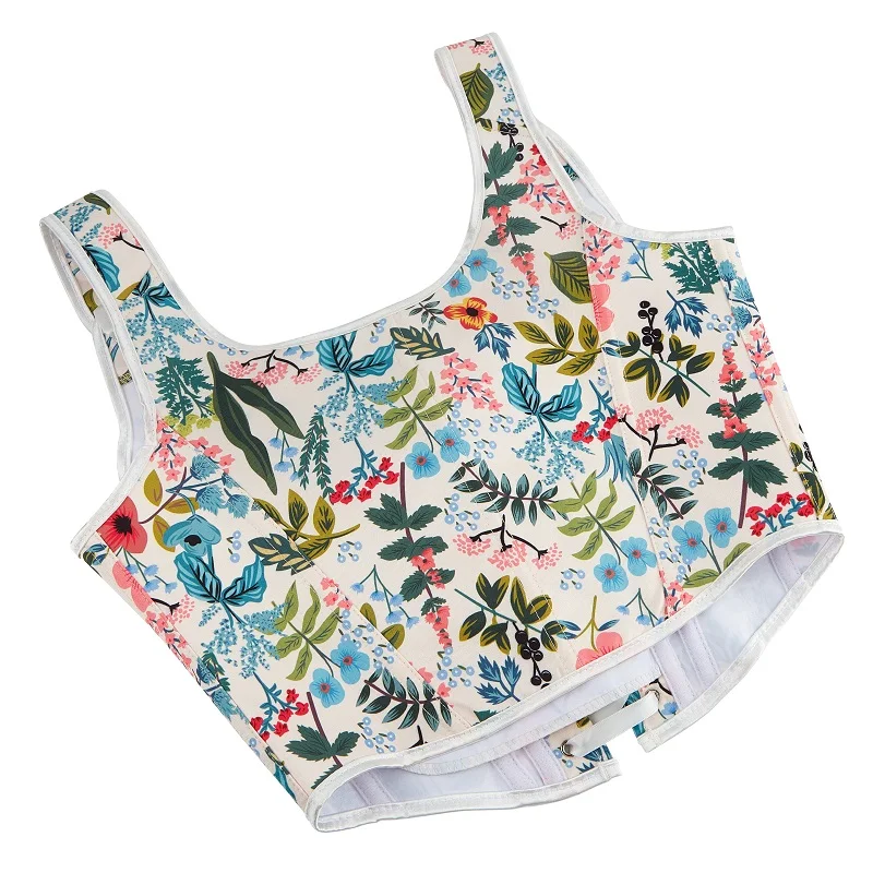 Women Court Vintage Floral Print Vest Sexy Corset Fishbone Push Up Strap Bustier Tank Top Lace Corset