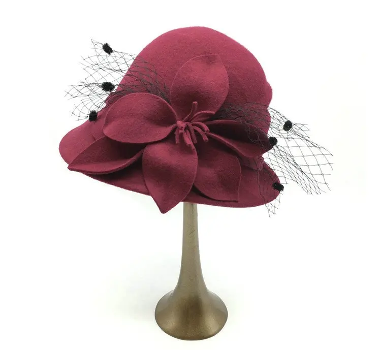 New Fashion 100 Wool Felt Bucket Hat Women Cloche Hats Lady Church Wedding Dress Women wool Felt Hats With Flower Bow Sun