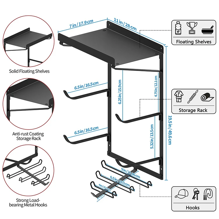 JH-Mech Home Gym Accessories Organizer 2 Tier Yoga Mat Organizer & 6 Hooks With Floating Shelf Yoga Mat Wall Mount Storage Rack
