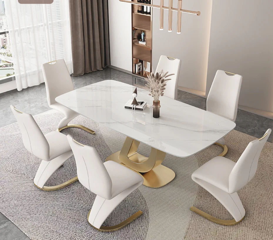 Rock-slab dining table and chair combination modern simple light luxury high-end dining table stainless steel new dining table