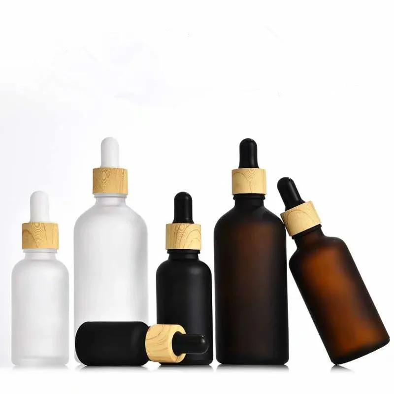 Glass oil dropper and spray mat black frosted amber glass bottle with bamboo spray pump 30 ml dropper cosmetic
