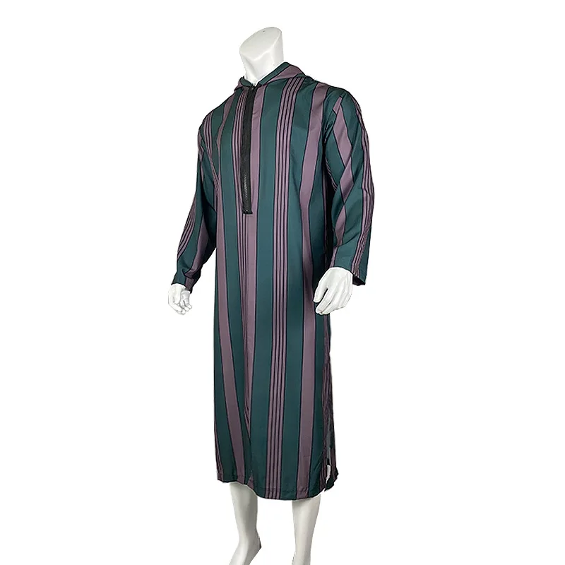 Mens Kaftan Hooded Robe Men Muslim Prayer Dress Stripe Gown Thobe Casual Long Shirt