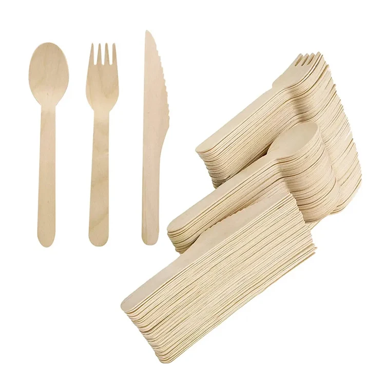 Biodegradable Wooden Disposable Cutlery Set Birch Wood Fork, Knife, Spoon