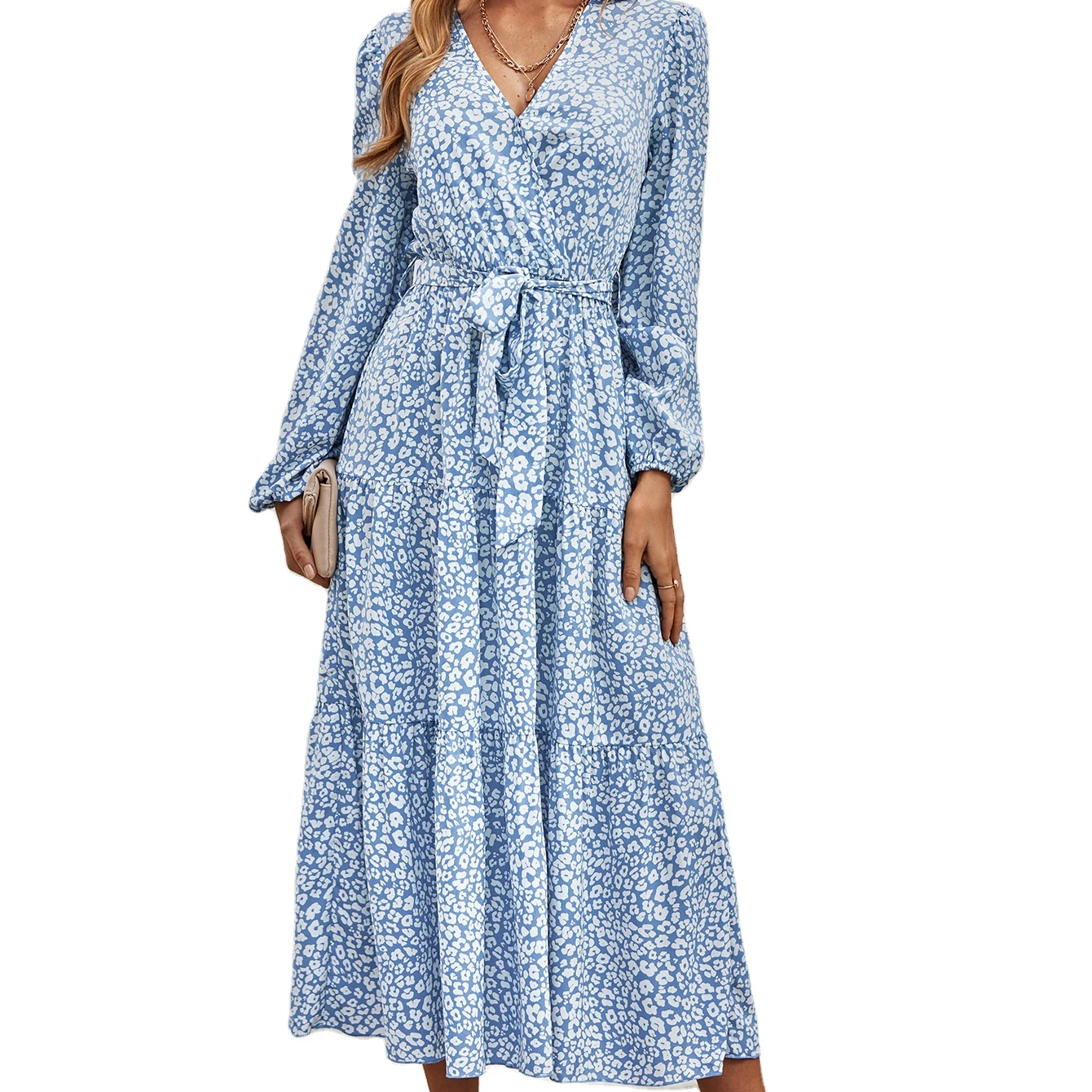 New design fashion floral printing deep v neck long tiered maxi dress for casual styles