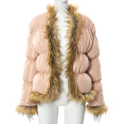 2022 New Winter Faux Fur Down Jacket Patchwork Long Sleeve Bubble Coat Women Thick Warm Faux Fur Collar Coat