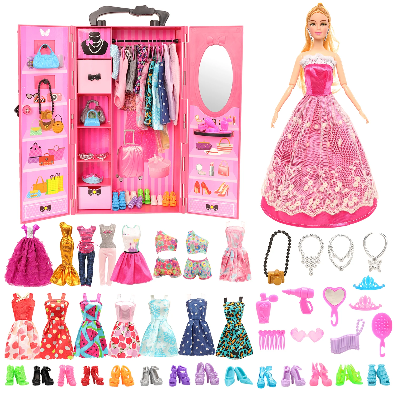 Dollhouse Furniture Closet Wardrobe With BJD 11.5' Girl Doll Dress Up Accessories Doll Dresses Clothes Shoes Sets Kid Toy Gift
