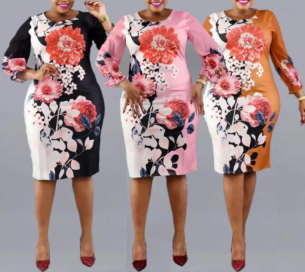Wholesale Clothing Africa 2022 New Arrival African Clothes Plus Size Floral Print Casual Dresses For Women