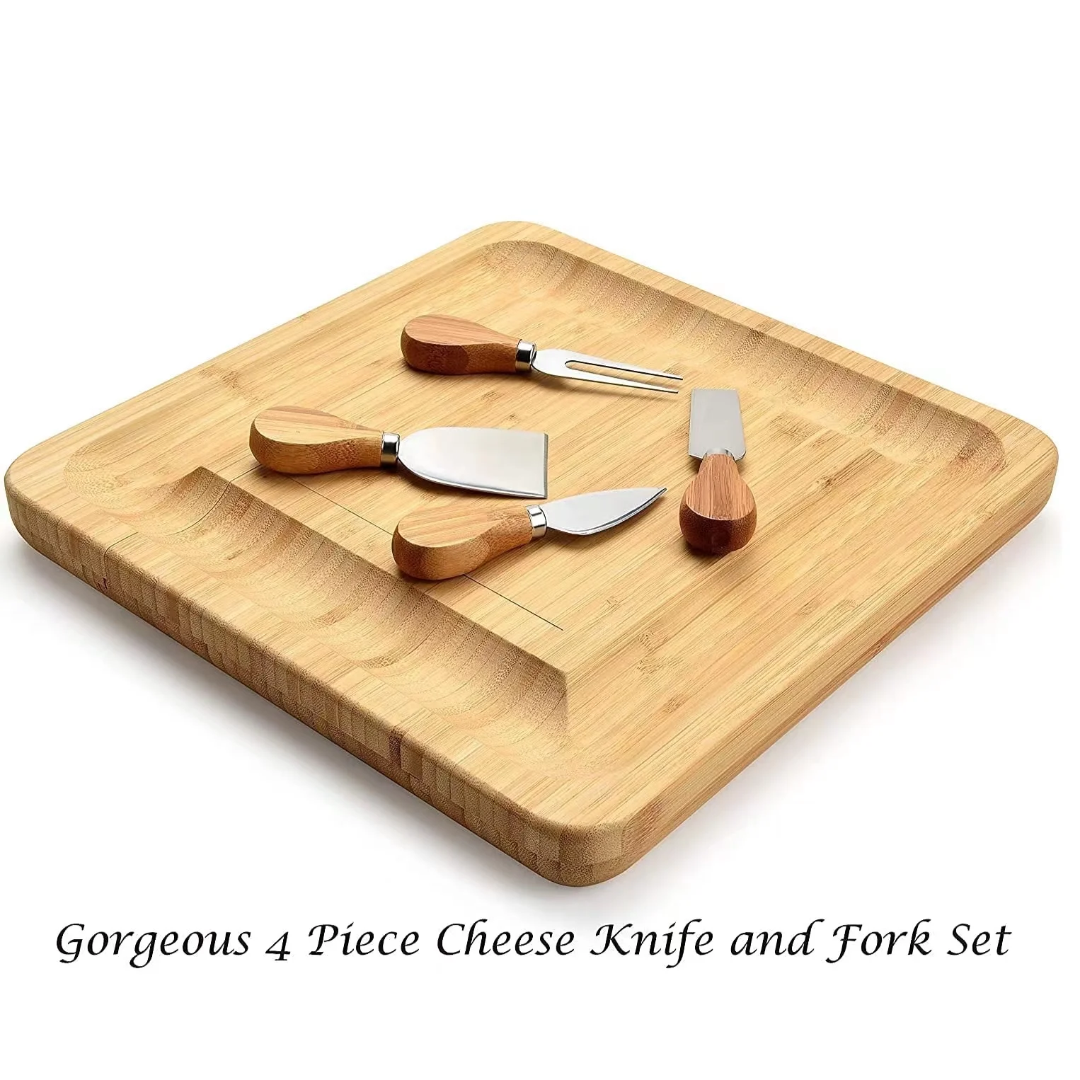 Unique Square Bamboo Cheese Board and Knife Set Serving Tray Multifunction Charcuterie Platter for Crackers Meat