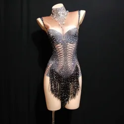 Women Jazz Dance Nude Stretch Bodysuit Outfit Fringes Rhinestone Jumpsuit Evening Show Sexy DJ Costume Wear Stage Costume