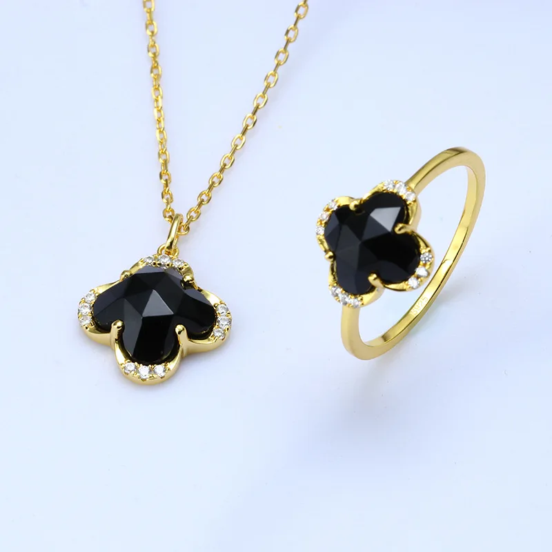 Lucky Four Leaf Clover White Zirconium Sterling Silver Gilt Gemstone Black Onyx Ring For Girls