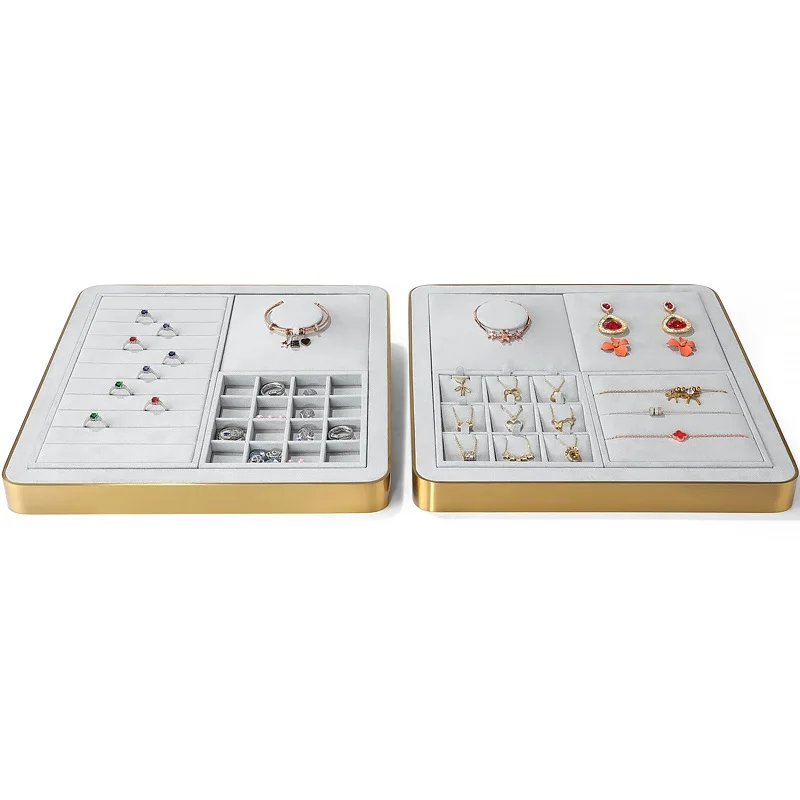 Luxury Fine Microfiber Jewelry Showcase Display Stand Sets Jewelry Rings Line Tray Jewelry Display
