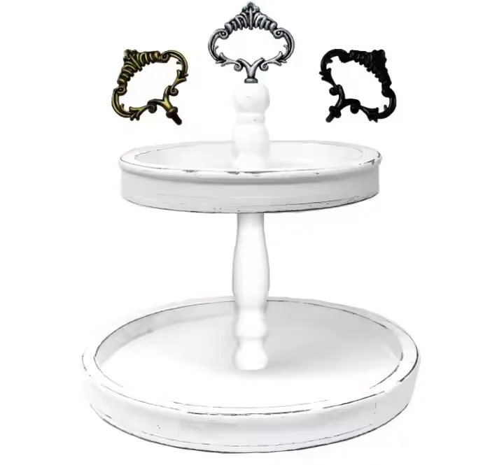 2 Tiers Bamboo Wooden Stunning Coffee Table Serving Tray or Rustic Cupcake Stand With 3 Changeable Handles For Home Decoration