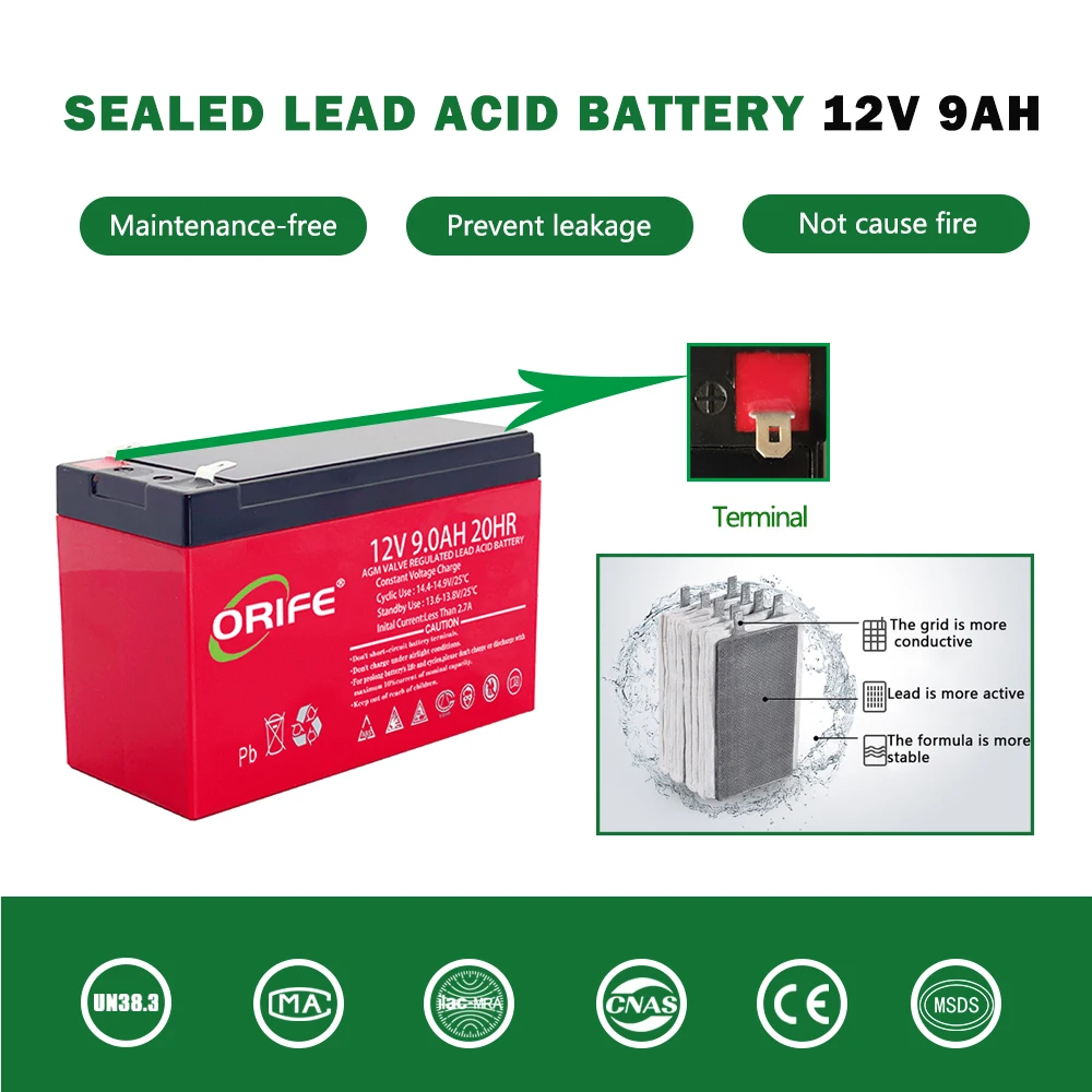 ORIFE 12V 9AH Deep Cycle Rechargeable VRLA Lead Acid Battery Long Life Sealed Type UPS Energy Storage Lighting Wholesale