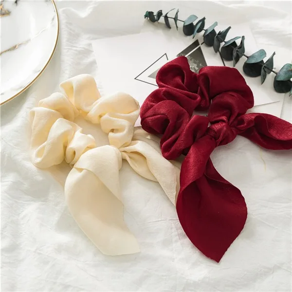 Cute Rabbit Ear Hair Ties silk Bow Scrunchies Solid Color for girls
