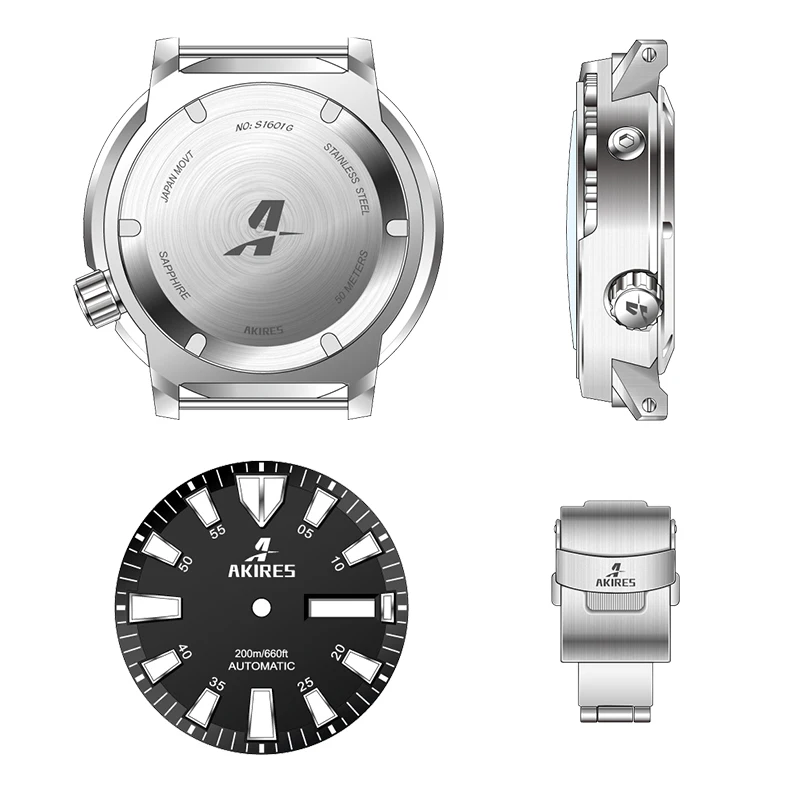 Akires 20 ATM Tuna Watch Mechanical Dive Watches Steel Full Luminous 316L Stainless Steel Dive strap Watch 200M