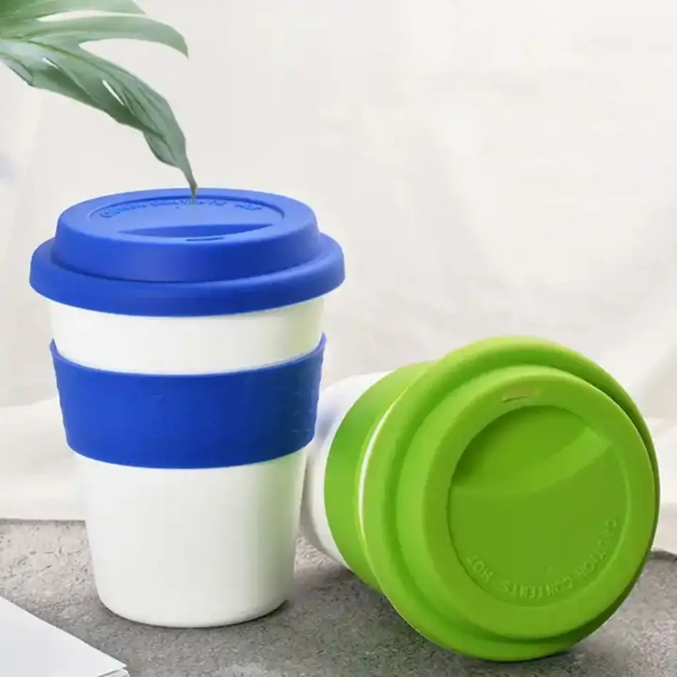 350ml Reusable Heat Insulated Plastic Travel Mugs Tea Coffee Travel Mug Cup with Non-slip Sleeve and Silicone Lid