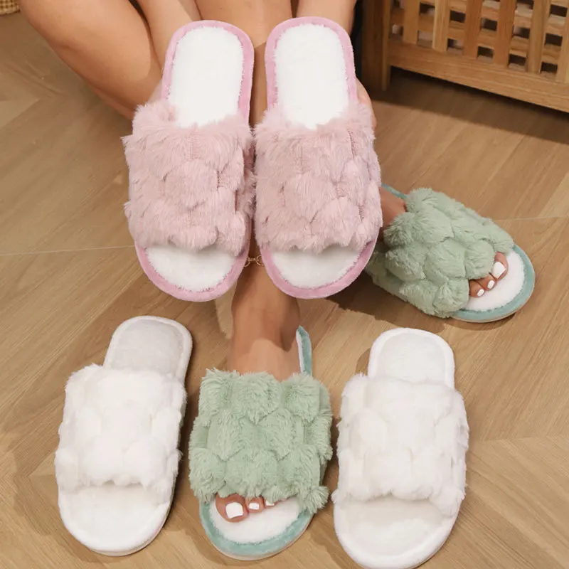 Fashion winter green fur slipper with big size 44-45 litchi styles home fur slipper
