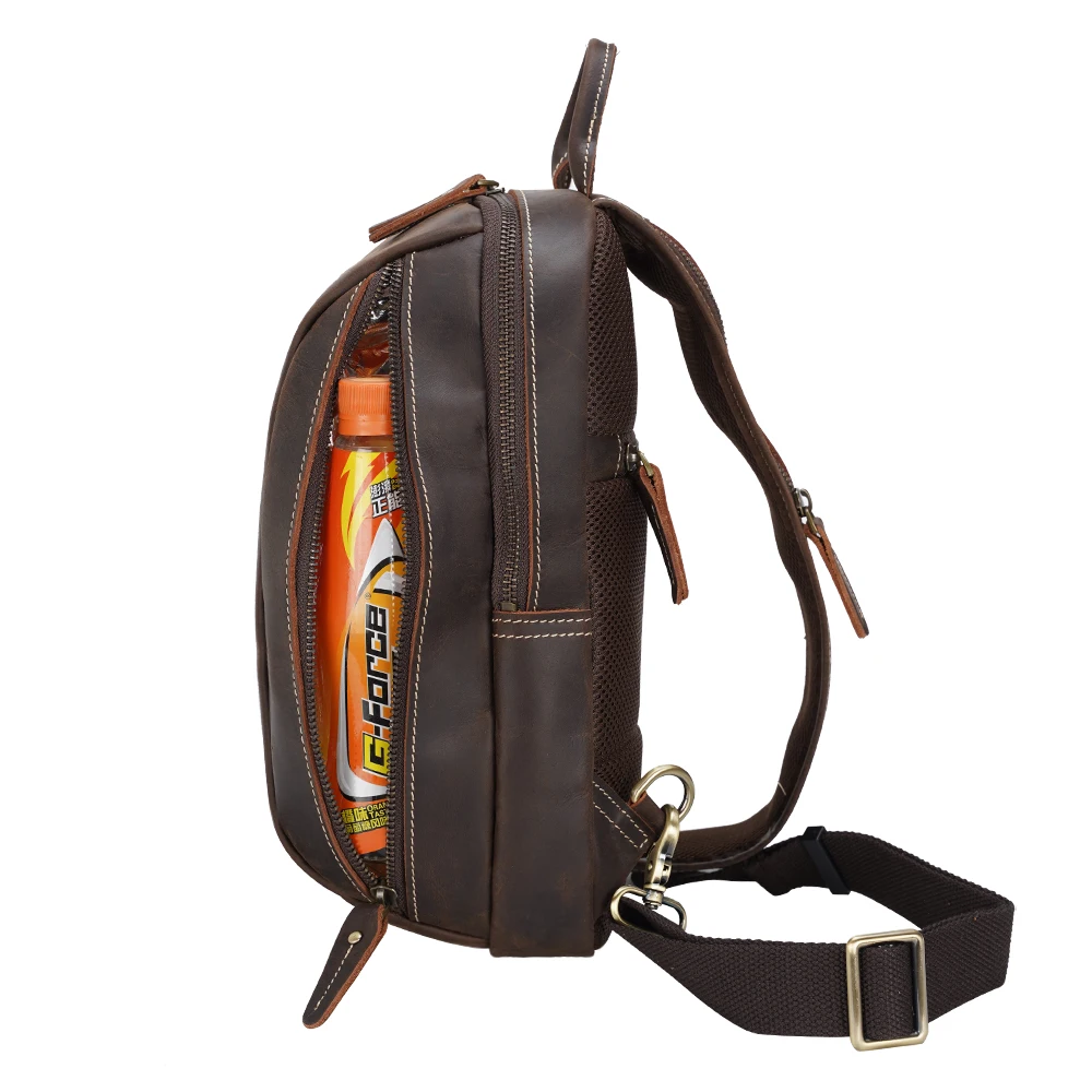 Travel Crossbody Shoulder Sling Bag Running Full Grain Brown Genuine Leather Crazy Horse Leather Chest Bag