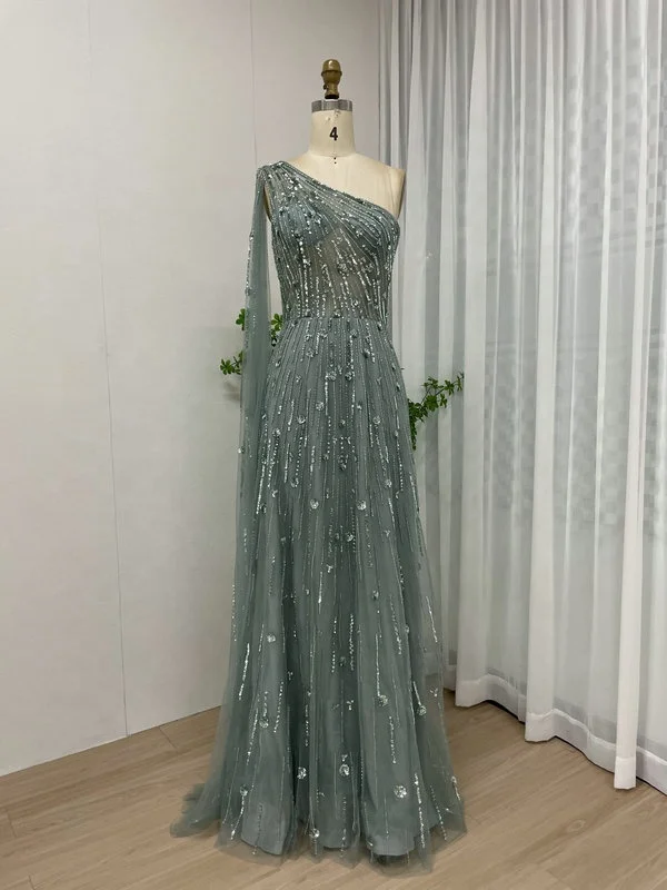 2024 Latest Elegant Beaded Sequin One Shoulder Cape Sleeve A Line Dubai Evening Gowns Prom Dress Vestidos De Fiesta Wholesale