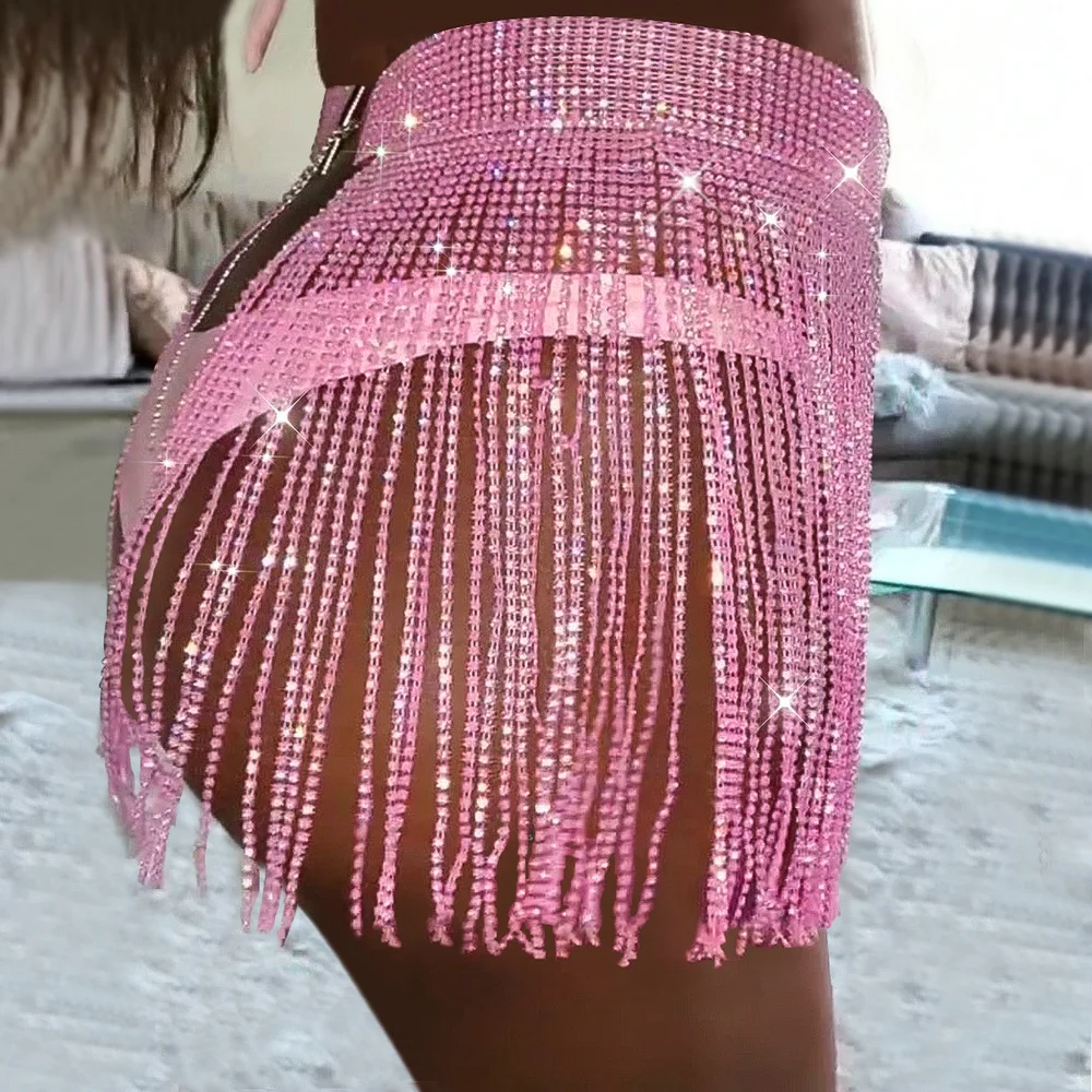 Quality Selling Summer Beach Bikini Mini Tassel Skirt Women Fringe Crystal Bling Rhinestone Skirt