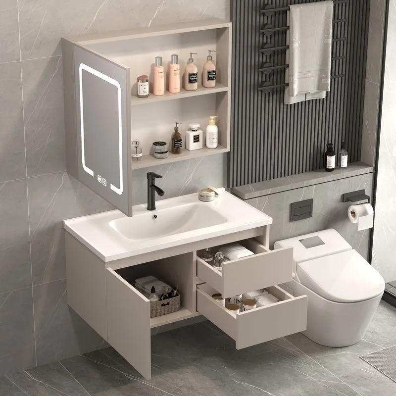 2024 New Style Free Design Customized Floating Unique Elegant Wood Bathroom Vanity And Cabinet Set Light Fixtures Storage Unit