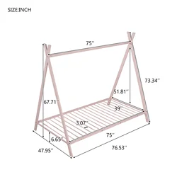 House Bed Tent Bed Frame Twin Size Metal Floor Play House Bed with Slat for Kids Girls Boys