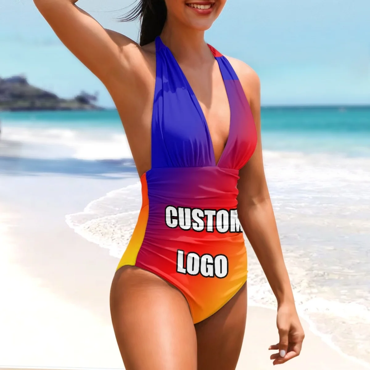 Wholesale Sexy Swimwear Women Custom Logo Print One Piece Bathing Suit Ruched Tummy Control Swimsuit OEM Strap Bikini Beachwear