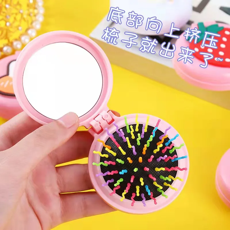 Folding Travel Hair Brush Cute Mini Round Hair Comb Pocket Hairbrushes with Makeup Mirror Compact Massage Comb for Girls