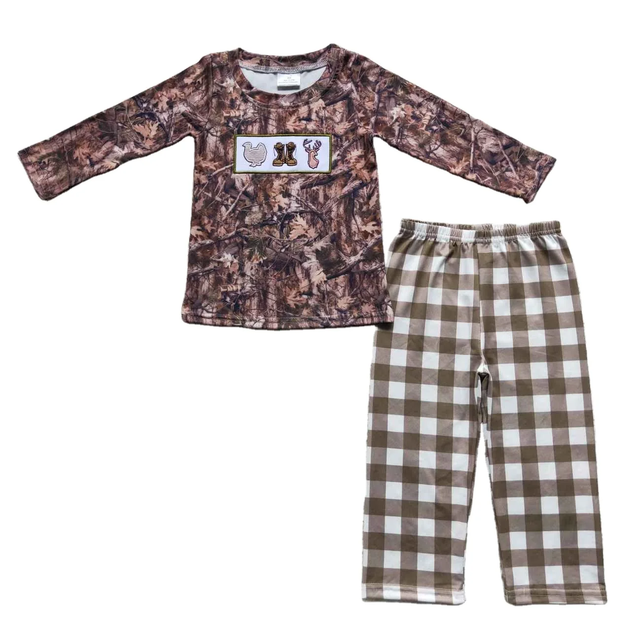 Toddler Kids Outfit Baby Boy Long Sleeves Camo turkey Deer Embroidery Pullover T-shirts Children Pants Hunting Set Pajamas