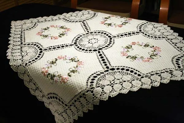 ribbon embroidered with crochet lace tablecloth