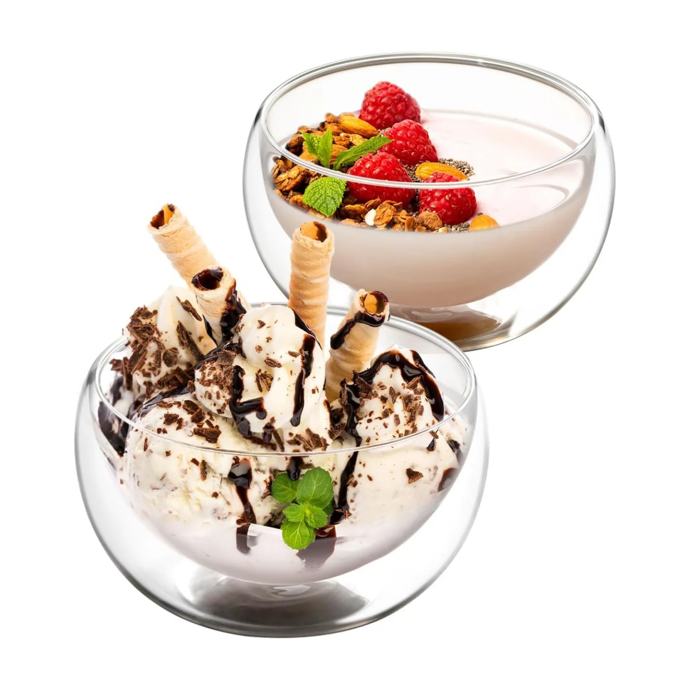 Wholesale double layer 300ml 500ml 1500ml borosilicate double wall glass dessert  bowl for food fruit salad