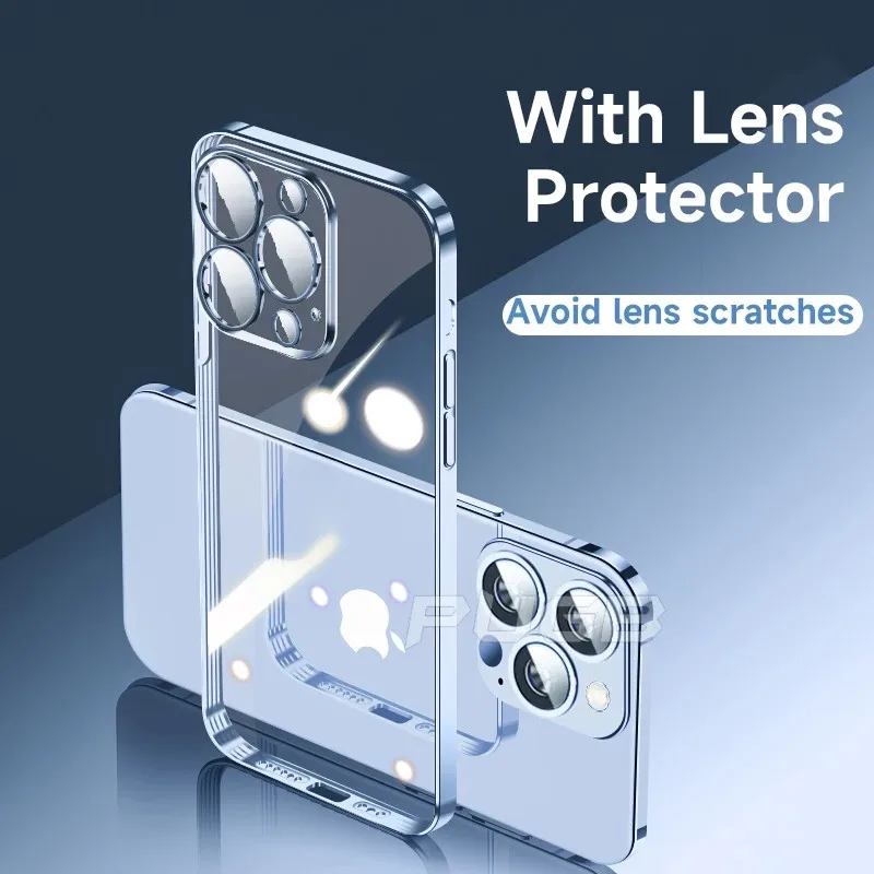 For iPhone 14 Pro Max With Lens Protector Transparent Silicone Case 14 Plus 11 12 13 Pro XS XR 7 8 Plus SE 3 Plating Clear Cover