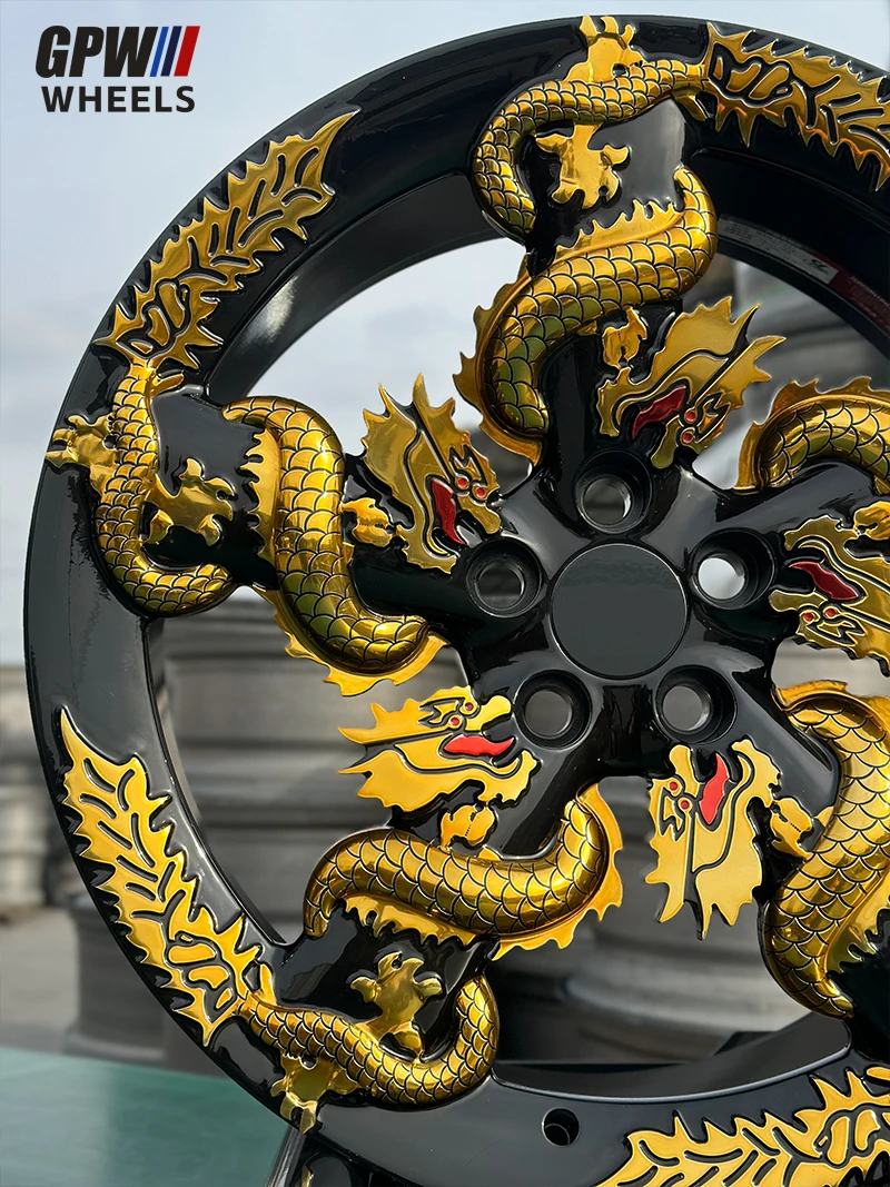 Hot Design Custom 3D Engraving Dragon Style Forged Wheel 5x108 5x114.3 5x120 6x114.3 5 Spokes Gold Rims for Car Modification