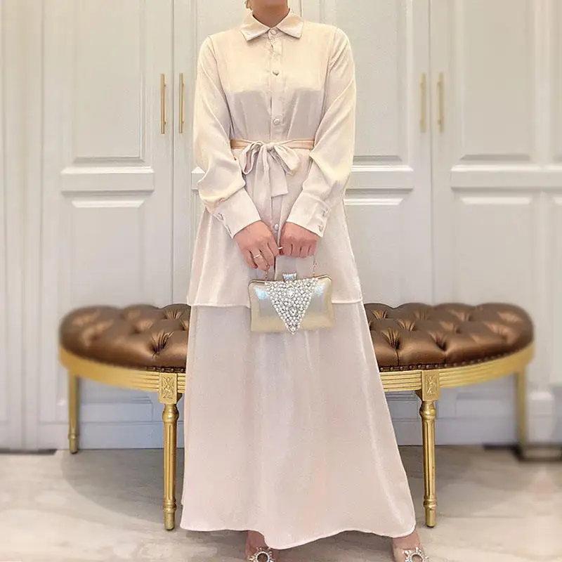 Co Ord 2 Piece Satin Silk Suit Muslim Islamic Clothing Button Up Long T-shirt Match Pockets Skirt Borong Abaya Baju Kurung