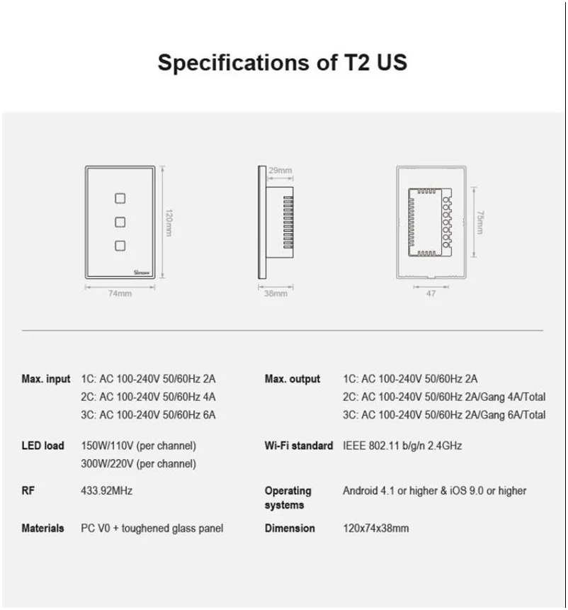  Оригинальный Sonoff T2 стандарт сша 1/2/3 комплект сенсорный настенный wi-fi переключатель для умного дома с радиочастотной функцией дистанционного управления из закаленного