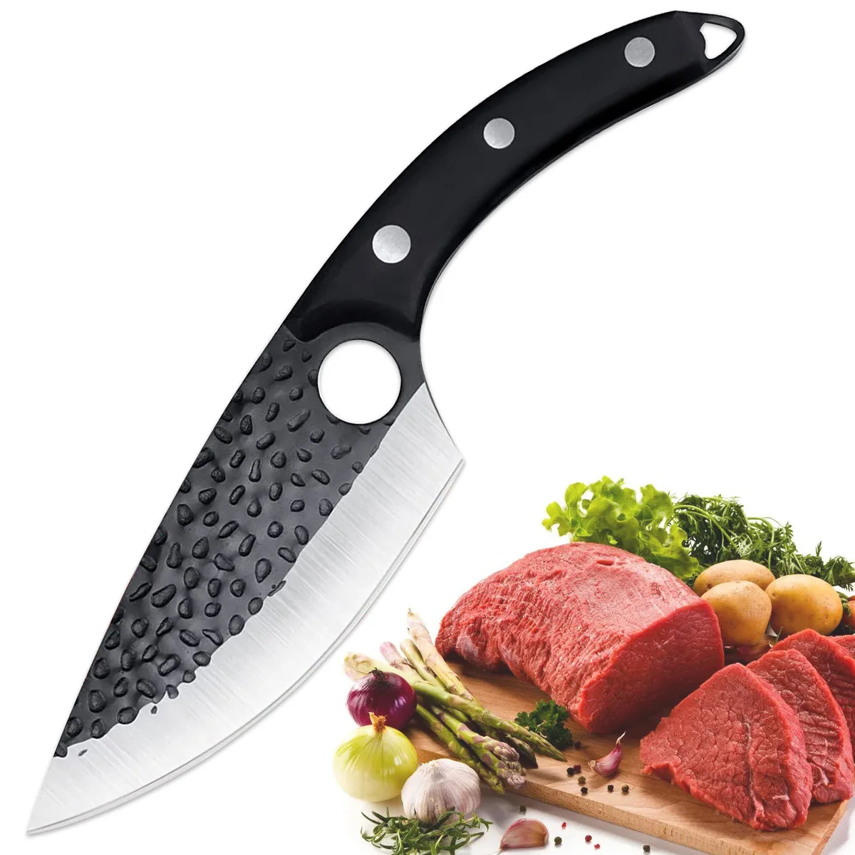 Forged Hammer Pattern Viking Bone Knife Multi-purpose Stainless Steel Cleaver Butcher Knife