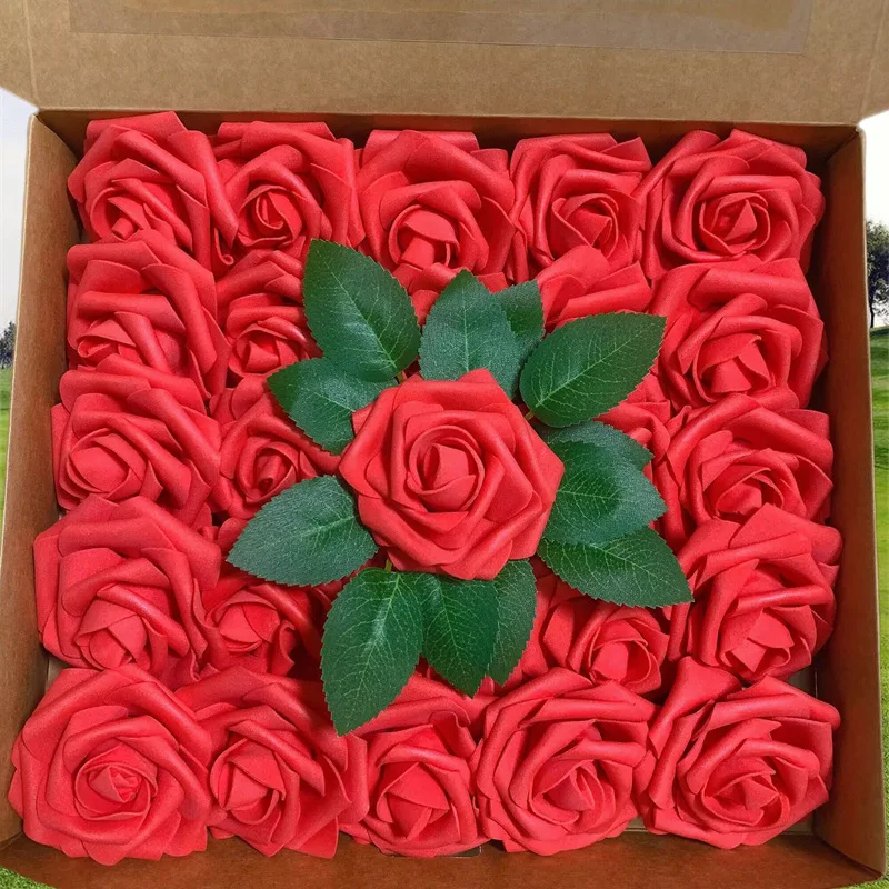 Wholesale 8CM Artificial Rose With Leaves 25PCS Home Decoration PE Simulation Rose Flower Foam Flowers DIY Gift For Wedding