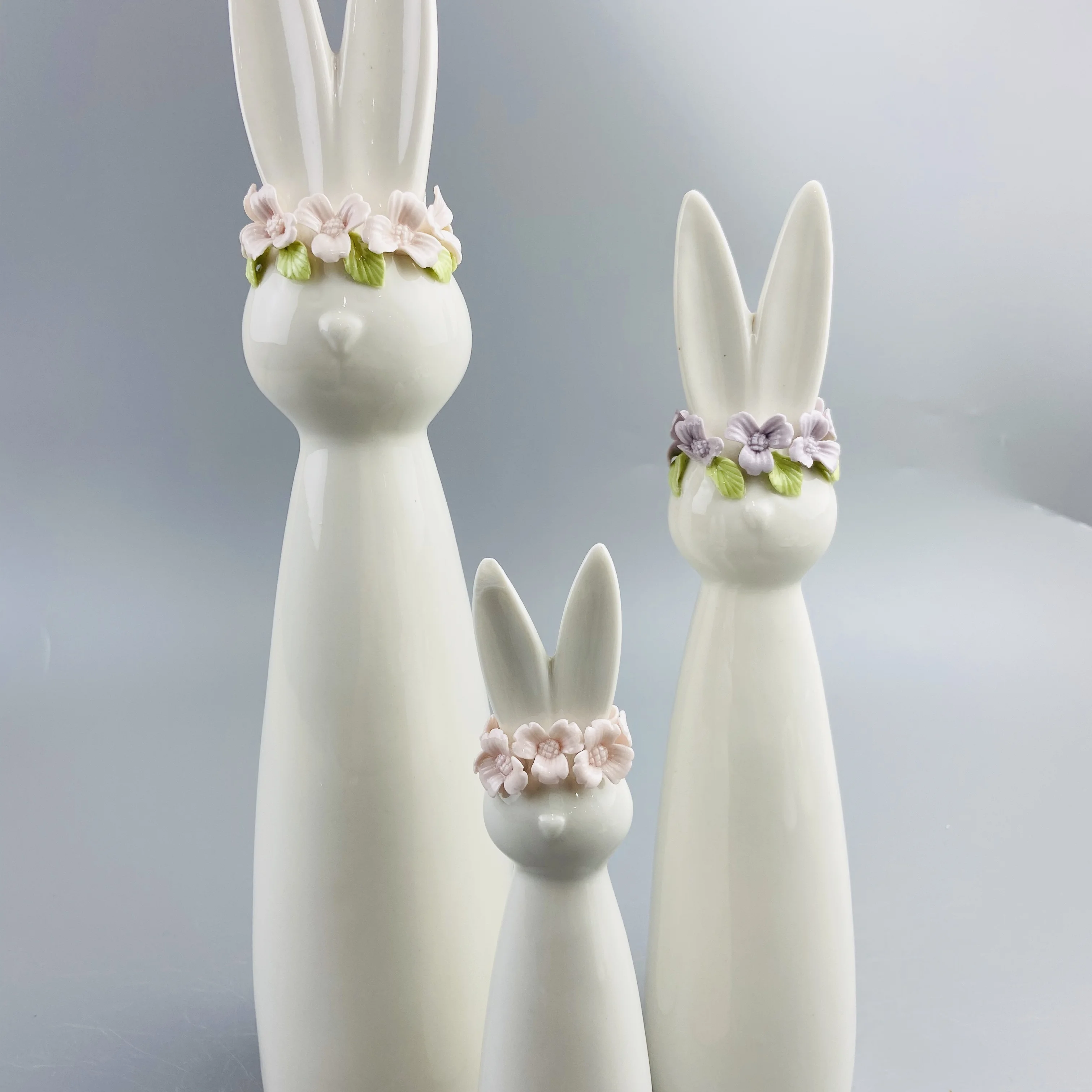 Original design flowers decor tall white ceramic rabbit figurines