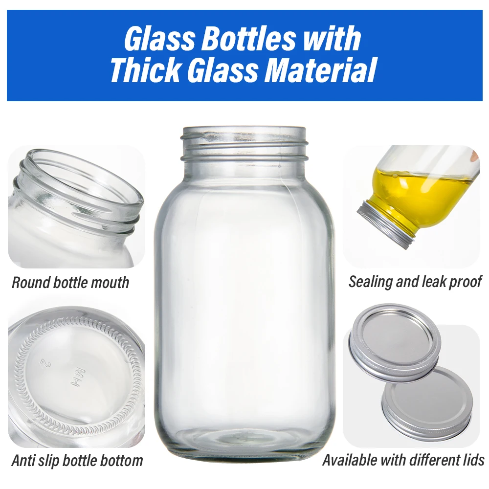 Canning Jam Filling with Plain Metal Lid Seal 16 OZ 32OZ Wide Mouth Design Clear Glass