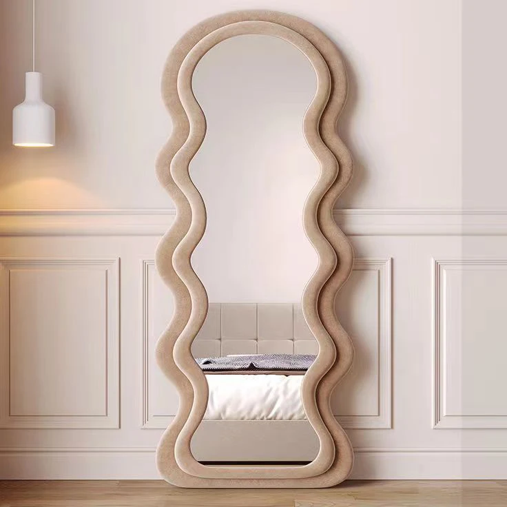 Modern Irregular Special Wavy Shaped mirror High Definition Soft Fabric Frame mirror Decorative Full Length Floor Wall Mirror